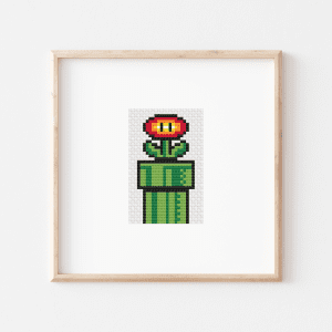 Cross stitch of the fire flower from Mario sitting on top of a pipe