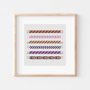 Cross stitch of rectangles that look like friendship bracelets in various pride flag colors.